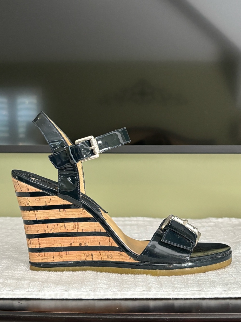 Michael Kors Navy Blue Patent Leather Buckle Wedge Sandals with Ankle Strap